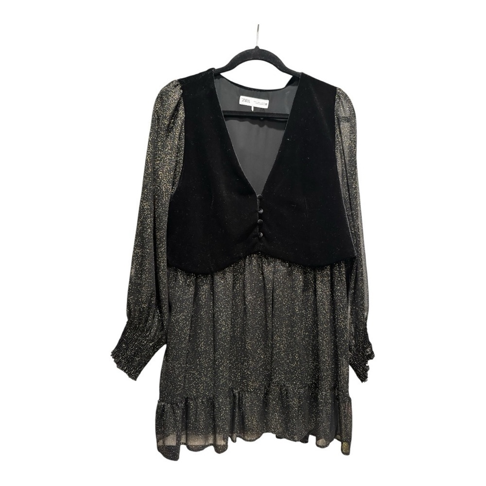 ✨ ZARA Black Glitter Mini Dress with Velvet Vest Overlay – Size L | NWOT - Picture 4 of 5